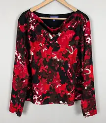 Vivienne Tam Blouse Top Womens 10 Red Black Cowl Neck Long Sleeve‎ Abstract Art
