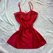 Morgan Taylor red satin slip dress floral lace detailing across chest