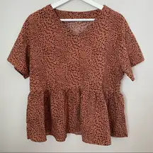 SHEIN Blouse Top Short Sleeve Ruffle Animal Print Business Casual Neutral Trendy