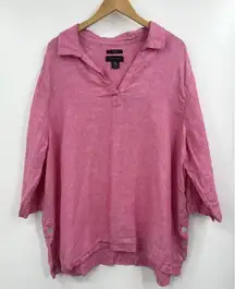 Tahari Shirt Womens 3X Pink 100% Linen Tunic 3/4 Sleeve Side Button Split Neck
