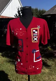 Y2k Susan Graver V-Neck Cardigan Nautical Theme Sailing Boat Wheel  Embroidered