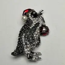Penguin Bird In Santa Hat Rhinestone & Enamel Christmas Holiday Brooch Pin