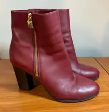 MICHAEL Michael Kors Frenchie Burgundy Red Leather Ankle Bootie Heel Side Zip