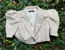 BLITHE LA Pink White Houndstooth Puffy Shoulder Cropped Blazer Top Size S