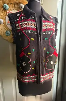 Vintage 90s Studio Joy winter mittens holiday fringe knit sweater vest, size XL