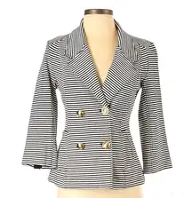 Black & White Striped Blazer — Gold Buttons - Preppy Nautical Work - Large