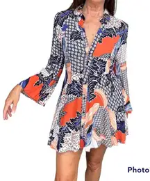 Anthropologie Jasse  boho black,white,orange,multicolor bell sleeve mini dress XS