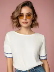 Polagram‎ Women's White Bell Sleeve Blouse Blue Stripe Trim Size Small