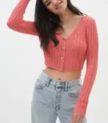 Aeropostale Button-Front Cropped V-Neck Pink Knit Cardigan