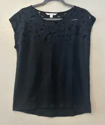 ⭐️LC Lauren Conrad black short sleeve 100% linen shirt with floral lace small