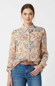 Kut From The Kloth White Floral Print Long Convertible Sleeve Blouse Top L