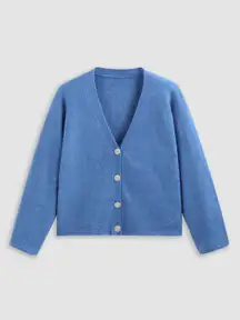 Blue Knit V-Neck Solid Button Sweater Cardigan Curve Plus 1XL