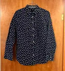 Talbots  Long Sleeve Button Up Shirt Blue White Polka Dot Dots Cotton Top Small