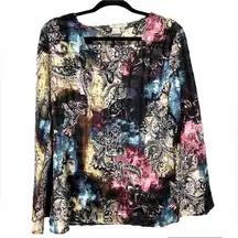 Alberto Makali Multicolored Long Sleeve V-Neck Crinkle Blouse Size Large