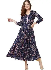 Tissu Navy Blue & Pink Floral Printed Flared Kurta Dress XXL