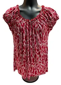 Woman’s  Shirt Size Medium Red & White Top Blouse Ruffled Neck