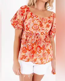 New THML floral puff sleeve pink orange peplum back tietop size small