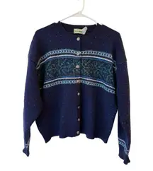 L.L.Bean Long Sleeve Nordic Cardigan Sweater 100% Pure Wool Blue Women's Large