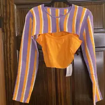 Striped drop shoulder 2 pc cropped sweater