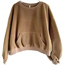 Nap Loungewear Teddy Sweatshirt Drop Sleeve Kangaroo Pocket Pullover Tan M