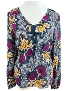 Tory Burch Silk Navy/White/ Purple Floral Peplum Style Blouse Small