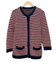 Talbots Chunky Knit Tweed Cardigan Red White Blue Size Medium Americana Nautical