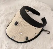 Renato Balestra Embellished Pearl Beaded Sun Visor‎ Hat Natural Straw