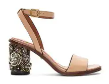 Coach Tea Rose Embellished Block Heel Ankle Strap Sandals Nude Leather 9.5