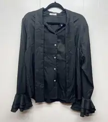 Zeagoo Womens Button Down Tie Front Black Top Size XL Ruffle Cuffs Career Office