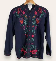 Vintage Embroidered‎ Cardigan Sweater Floral Blue Preowned Cottagecore Medium