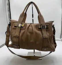 B Makowsky Leather Satchel Shoulder Bag Camel Taupe Gold Tone Hardware