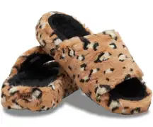 NWT Crocs Classic Leopard Fur Slides Slip On Comfort Cozy