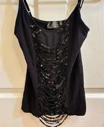 vintage guess black sequin cami tank top with string detailing bead