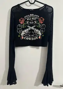 Wild Heart Mesh Sleeve Top - Black long sleeve top with cowboy graphic and red rose accents.