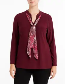 Burgundy 3/4 Sleeve Blouse V-Neck Print Scarf Tie Top Women’s L