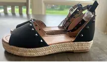 AMS Women's Audrey Black Platform Espadrille Sandals Size 8.5 Ankle Strap