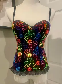 Just One Black Corset With Multicolor Swirl Design And Zip Up Back Size Large