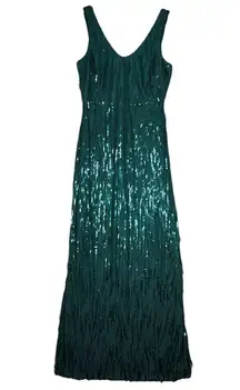 R&M Richards Dress Womens 6‎ Green Fringe Sequin Glam Party Formal Cocktails