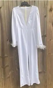 White Long Sleeve Pant Jumpsuit Feather Trim Sleeve Sparkle Bust Stretch