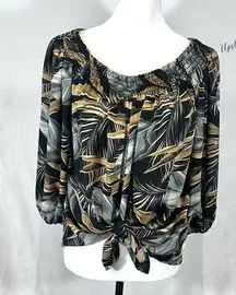 on or off shoulder black gray and tan tropical print top size small