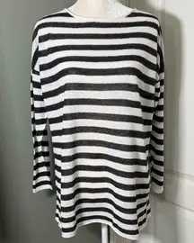 Eileen Fisher Black White Striped Sweater Size Large Boat Neck Lightweight Knit