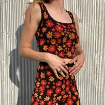 Orange Retro Daisy Flower Knit Tank Top & Biker Shorts 2 Piece Set