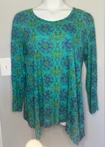 Fresh Produce Teal Patterned Handkerchief Hem Tee