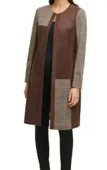 Calvin Klein Brown Suede Plaid Mixed Media Trench Coat Topper Brown L