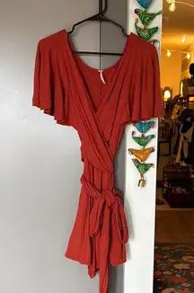 Free People Orange Flutter Sleeve Wrap Romper V Neck