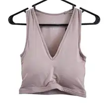 Klassy Network Deep V Neck Taupe Gray Crop Top Brami Tank Built in Bra Small