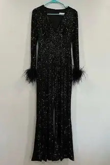 Mac Duggal 111581 Feather Cuff Sequin Black V Neck Jumpsuit XS NWOT