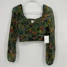 Japna NWT  Long Puffy Sleeve Sheer Chiffon Crop Top Blouse Smock Green Printed M