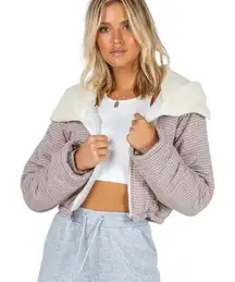 Princess Polly Zurie Houndstooth Hooded Full Zip‎ Puffer Cropped Jacket Sz M / L