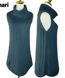 Tahari Sleeveless Turtleneck Sweater Dress Dark Teal Ribbed Midi Size M